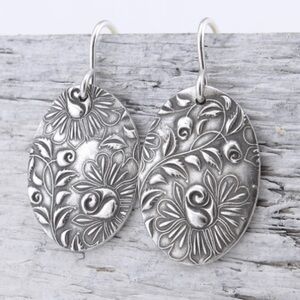 925 Sterling Silver Plated Floral Engraved Oval Earrings